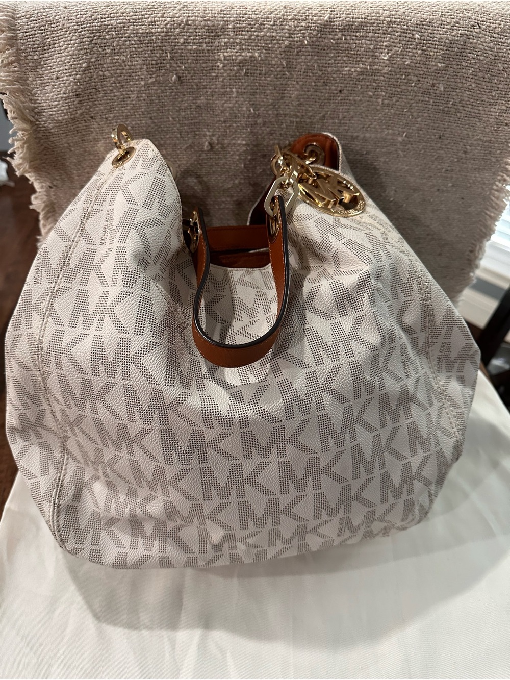 Michael Kors Cream MK Monogram Tote with Brown Trim